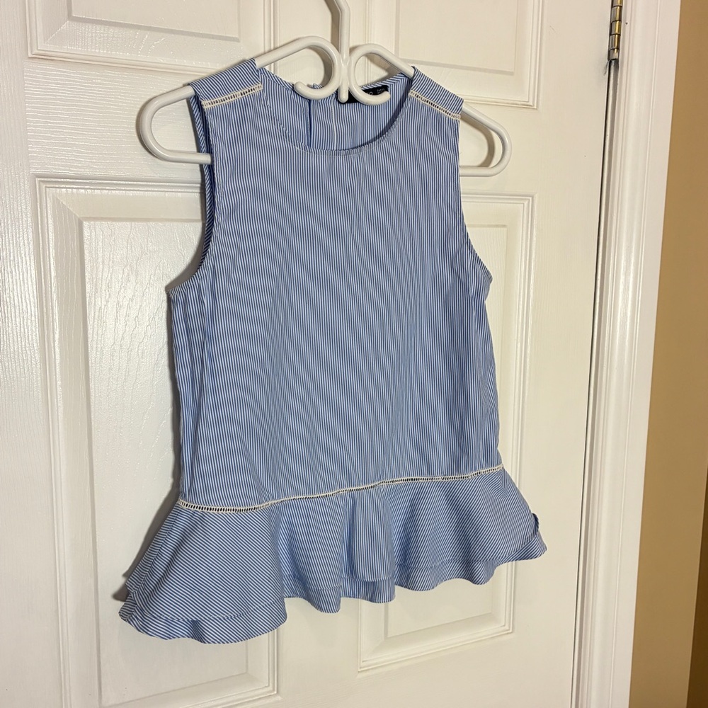 Mango Basics Blue & White Striped Peplum Top | Sleeveless | XXS